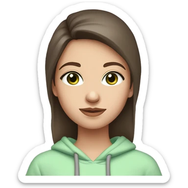 caucasian girl with dark brown hair and light blue eyes wearing a light pink hoodie and drinking green tea sticker