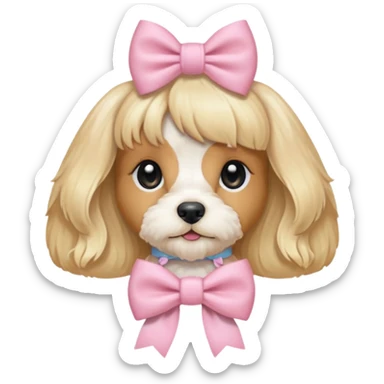 Coquette white blonde cavoodle wearing light pink coquette bow sticker