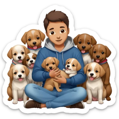Cute dog lover boyfriend with soft smile, surrounded by puppies, wearing hoodie and jeans, one dog licking his face sticker