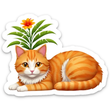 Cat sunbathing with tropical flowers sticker