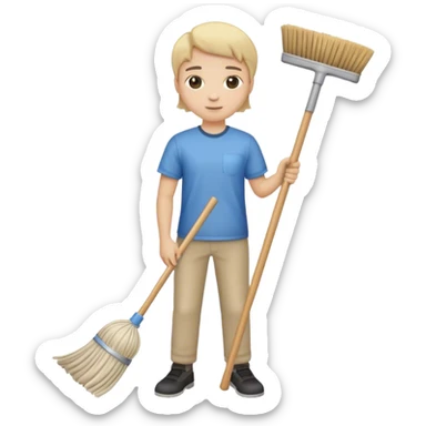 Cleaning supplies, including a broom, mop, and cleaning cloth sticker