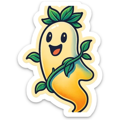retro sticker-style elongated ghost with a leafy crown and a vine wrapped around its body, cute, bold outlines, shadows and highlights, cheerful expression sticker