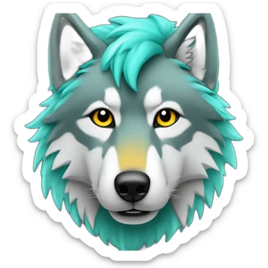 Grey Wolf head with a big yellow star paint on his right eye and a turquoise mullet haircut sticker