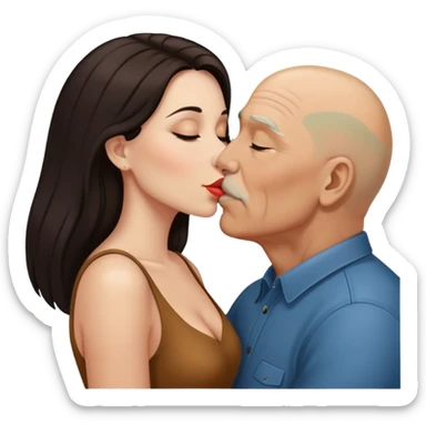 Beautiful woman with long dark hair, kissing a older Hispanic  bald man sticker