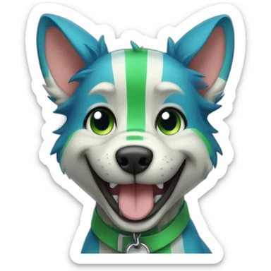 an anthropomorphic blue and green striped dog fursona smiling sticker