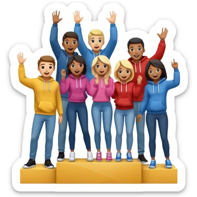 five multi-racial men and women standing on a winners’ podium with no numbers, casually dressed in fun clothing like jeans and hoodies, excited, fun, expressive emoji style sticker