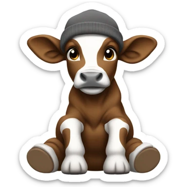 Brown white and black calf sitting down with a grey carhartt beanie on sticker