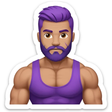 strong muscular man with big bicepts with half dark brown and half purple hair with beard sticker