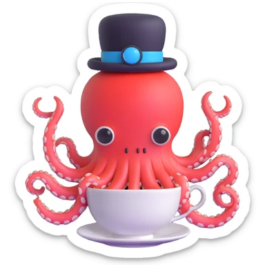 cybernetic octopus wearing a teacup as a hat sticker