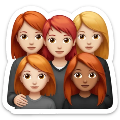 Can you create an image of 3 friends together one with red bright hair light skin one the other with brown hair with some blonde highlights in the hair fair skin the last one with light brown a tint of orange hair and black long hair with brown  sticker