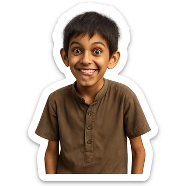little skinny Pakistani boy with a playful, mischievous expression, trying to look funny sticker
