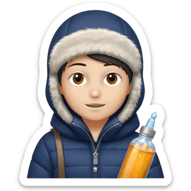 Junge mit Sturmhaube braune augen auf der rechten seite kleinen nasenpircing (glitzerstein) in der Rechten hand eine Jacky flasche und einer winterjacke mit fell an der mütze sticker