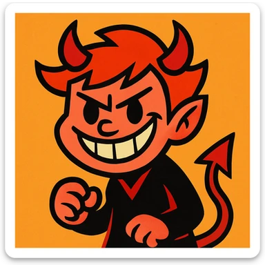 cartoon character with red hair, evil grin, small black eyes, red devil horns, vibrant toon style sticker