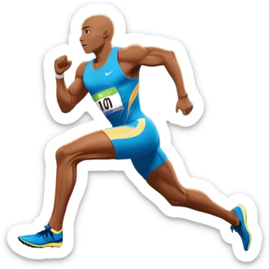An icon depicting a sprinter in mid-run on a track, muscles tense with speed. The background shows a vibrant stadium filled with cheering fans, bright lights illuminating the track, and a clear sky above. The energy of the race and the thrill of competition are captured in motion.  sticker