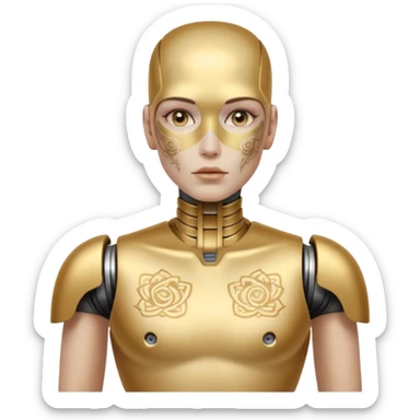 gold Tatooed robot, big many tatooes on chest, neck and face, white tatoo on face sticker
