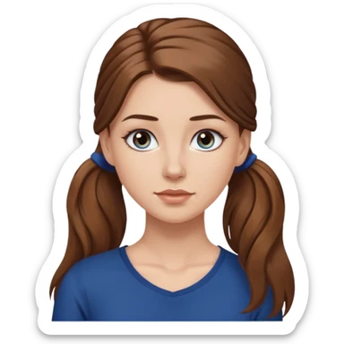 pretty white girl brown long hair makeup ponytail  on left shoulder, dark blue shirt sticker