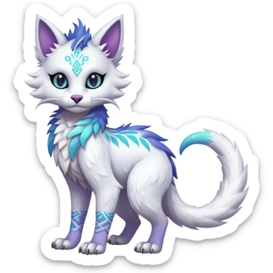Kawaii white iridescent edgy cute cool fantasy feline-vernid-sergal-fursona animal creature with a tufted tail full body with intricate tribal markings  sticker