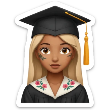 fully nude and sexy brown skin girl, floral tattoes, in student cap, graduating sticker