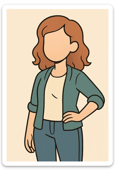 friendly faceless young woman, soft approachable features, no facial details, modern casual style, simple flat toon illustration sticker