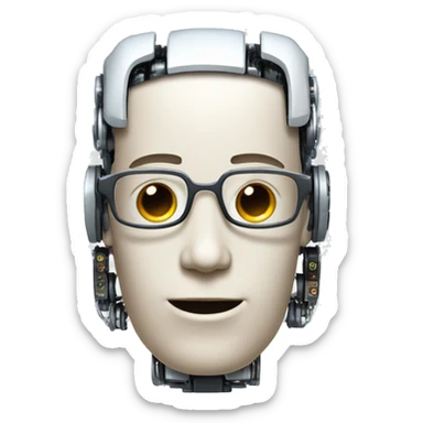 Robotic Cyborg head with fair skin, flat top haircut, rectangular glasses, circuits and smiling  sticker