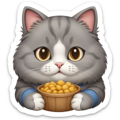 Gray cute cat eating food with cheeks full sticker
