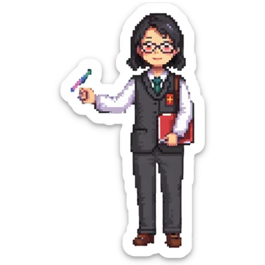 Chinese math teacher holding chalk standing by a blackboard sticker