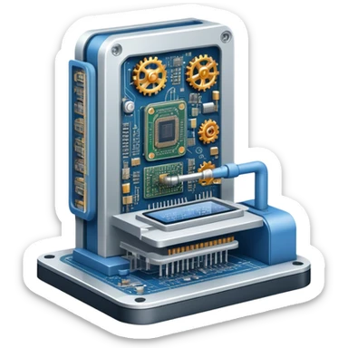 An icon featuring a giant machine soldering a huge microchip, symbolizing engineering. The design includes mechanical gears, circuit boards, and a blueprint, representing the precision and innovation in designing and building technology. Transparent background highlights the art of engineering sticker