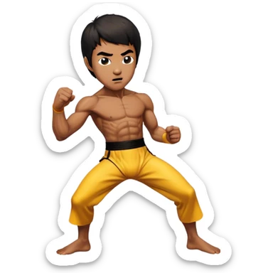 Cinematic Realistic Bruce Lee Portrait Emoji, depicted as a dynamic martial arts icon with an intense gaze and athletic physique caught in a fluid motion, rendered with vivid textures and energetic lighting that embodies his legendary prowess. sticker