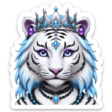 ESO Female white/black tiger khajiit leader of the umbral rose, glowing blue eyes, glowing blue 'third eye' gem, black beaded dreadlocks; silver crown/tiara with purple gems sticker