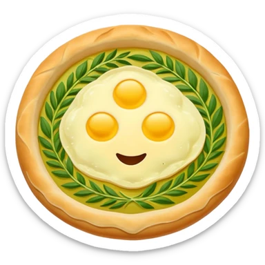 Georgian cuisine avatar in bright emoji-style illustration. Khachapuri and herbs, rich golden and green colors, simple shapes, flat design, strong character. Without human sticker