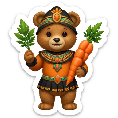 teddy bear, wearing black mayan ancient custome, with carrot half body sticker