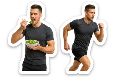uomo fitness che mangia insalata accanto a uomo identico esteticamente che corre, iperrealistici 4k sticker