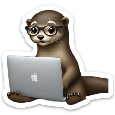female otter with glasses use a macbook while seated against a pillow sticker