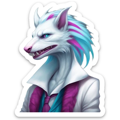 White badass elegant wild beautiful natural cute badass epic anthro modern albino sergal-vernid-creature with cyan mane and magenta eyes with cyan edgy stripes, full body, blue pretty hair, outside, modern, aesthetic, art by LiLaiRa, art by art by Falvie sticker