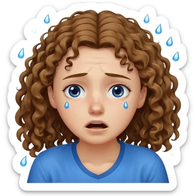 white young curly long hair girl, brown hair, with a blue shirt, in despair crying sticker