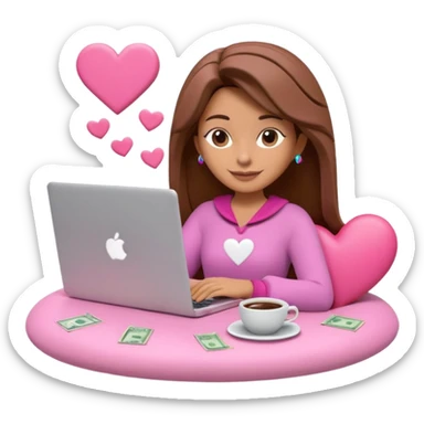 3D clay character relaxed with laptop and coffee, floating icons (envelope, heart, dollar), colofrful outfit, pink (#FF6B9D) floating icons, white laptop, Pixar style, transparent background sticker