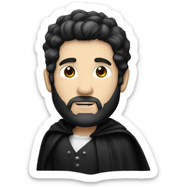 White skin man, with black hair, a patchy beard, wearing a suit with a black cape on the shoulders sticker
