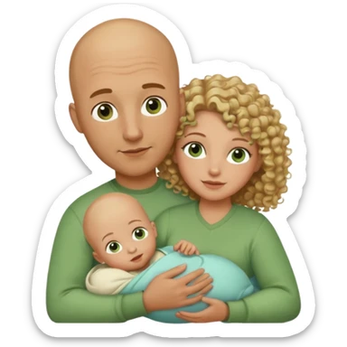 Un hombre calvo de ojos marrones con su mujer rubia de pelo rizado y ojos verdes sosteniendo un bebé niño de pelo rizado moreno y de ojos marrón verdoso sticker