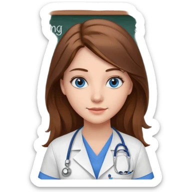 university classroom that says nursing school on the blackboard with a pretty female nursing student with long brown hair, blue eyes sticker
