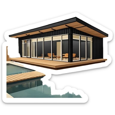 midcentury modern house with 1000 sqft and all windows and a sliding windows on corner. Single story. High ceilings, black and vertical wood slats for outside walls of home. Wood deck with complementary but different wood and shade from larger wood slats. With overhanging shade and slats. sticker