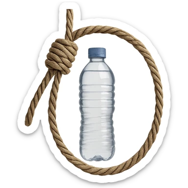 Realistic style depiction of a long rope with a loop, inside the rope a visible water bottle, natural details, symbolic atmosphere, no background. sticker