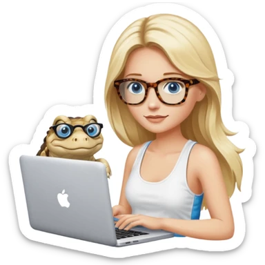 long blonde hair woman blue eyes with tortoise shell print glasses wearing white tank top on mac book with a white crocodile patterns laptop case  sticker