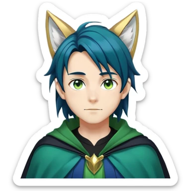 anime man with straight long dark-blue-black-gradient hair with light-green stripes in it, long black fox ears, hazel-gradient-brown-turquoise eyes, gold earring, dark-blue-sweater, green cape,  sticker