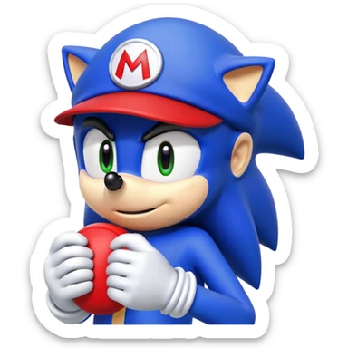 Sonic the hedgehog wearing a Mario hat sticker