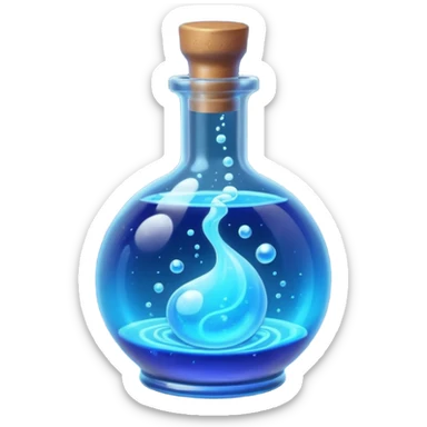 glowing blue neon magic potion, in a round glass bottle, tilted slightly sticker