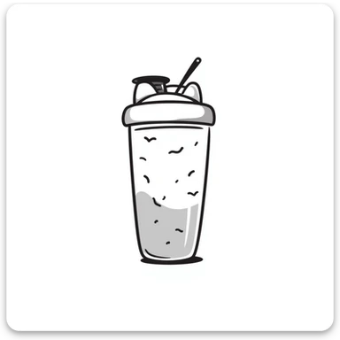 A protein shake in a shaker bottle with details in pastel colors (dd9fb0, ffc6d3, a3bfc9, c4bee2, f1b091), hand-drawn doodle style sticker