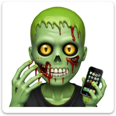 La grande faucheuse effrayante, style emoji iPhone, visage mi-squelette mi-zombie, expression sombre, slime vert autour du visage, billets de 100$ intégrés dans la composition, tient une grande faux, fond blanc, sans animal ni humain dans la main, parfait pour une photo de profil, très effrayant sticker