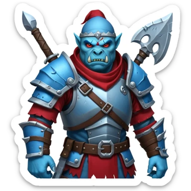 Fantasy Christmas orc legion soldier icon, iron tundra army theme, heavy winter armor, disciplined brutal look, cold steel armor cracked with frozen crimson lines, bloodfrost effect, icy blue and dark red color palette, minimal clean emoji style sticker