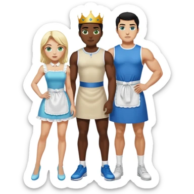 King, black hair, body, legst, blue eyes, shoes, maid blonde hair, green eyes, sexy short sleveless White dress, shoes sticker