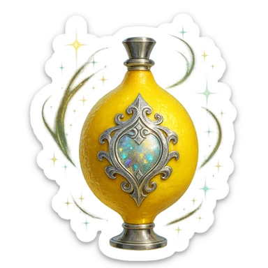 prabangus eliksyro buteliukas, citrinos forma, ryški geltona spalva, sidabrinės ir holografinės detalės, daug magiškų efektų, labai mažas kaklelis, vientisas dugnas, buteliukas plūduriuoja ore, be pagrindo ar šešėlio, modernus, kolekcijai tinkamas, skaidrus fonas sticker